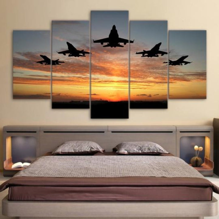 Flying Airplanes Sunset - Canvas Wall Art Painting | Bowlift