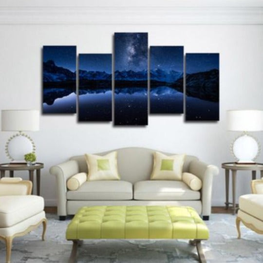 Starry Blue Night: Premium 5 Piece Canvas Wall Art with Twinkling Sky Scene | Bowlift