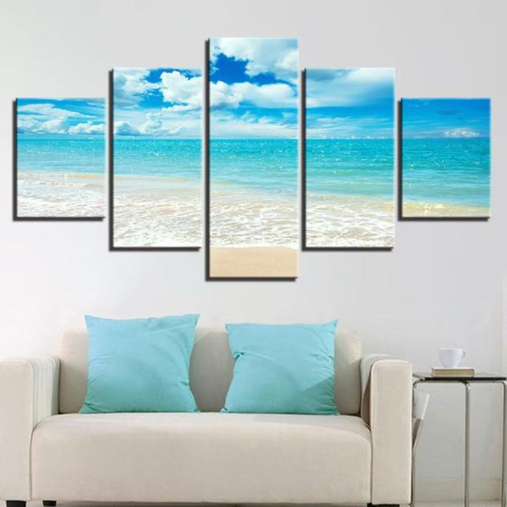 Blue Sea Waves On Beach - Canvas Wall Art Painting | Bowlift