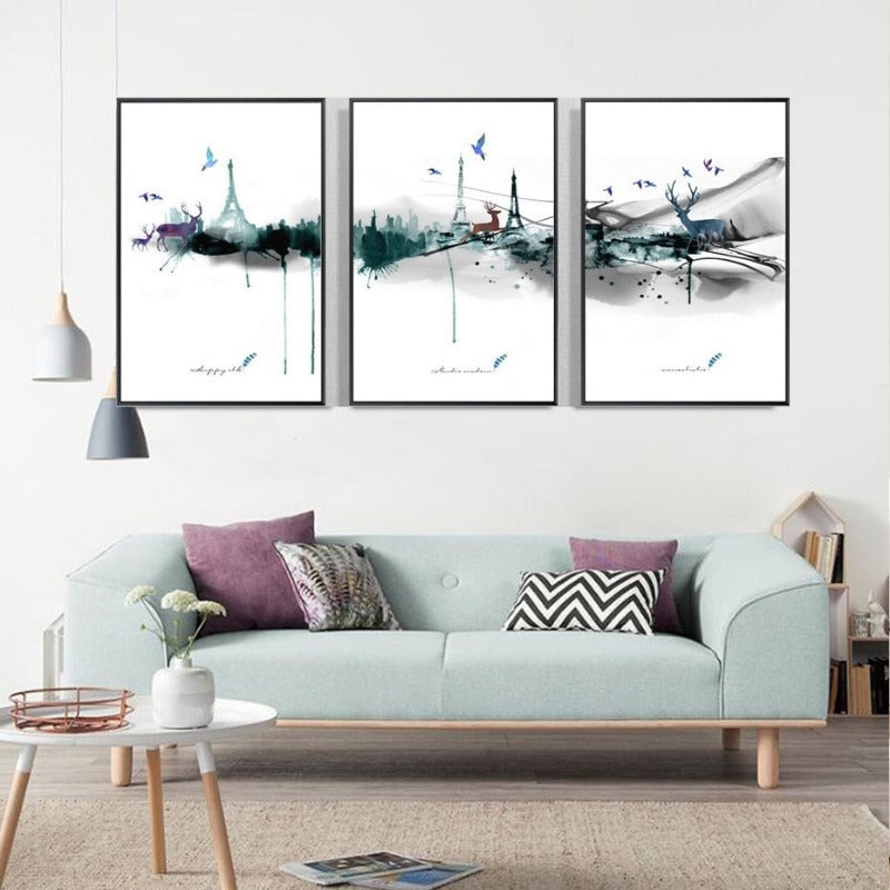 Abstract Paris Eiffel Tower Deer - Canvas Wall Art Painting | Bowlift