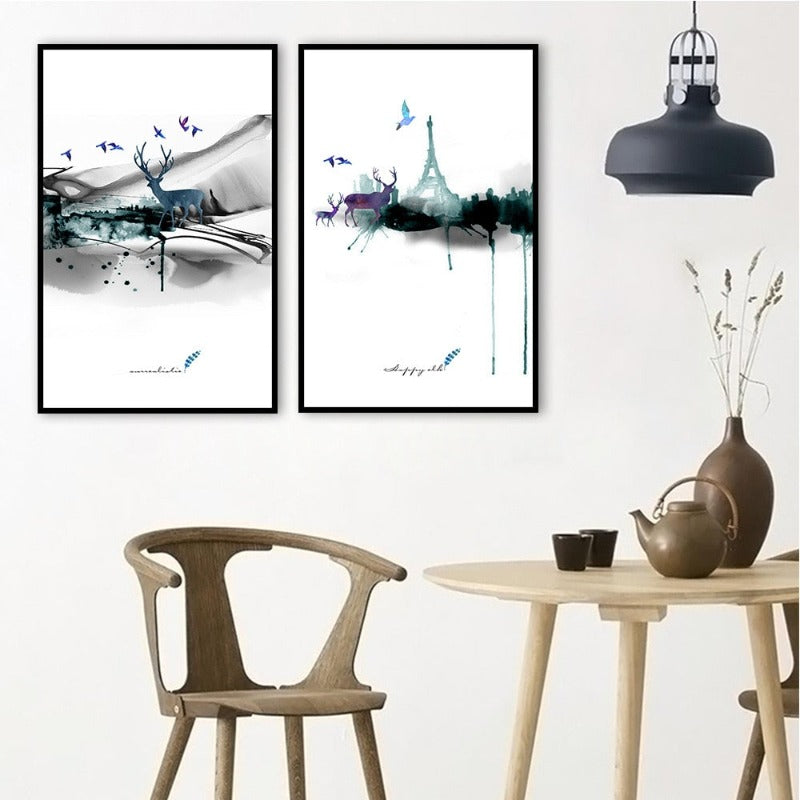 Abstract Paris Eiffel Tower Deer - Canvas Wall Art Painting | Bowlift