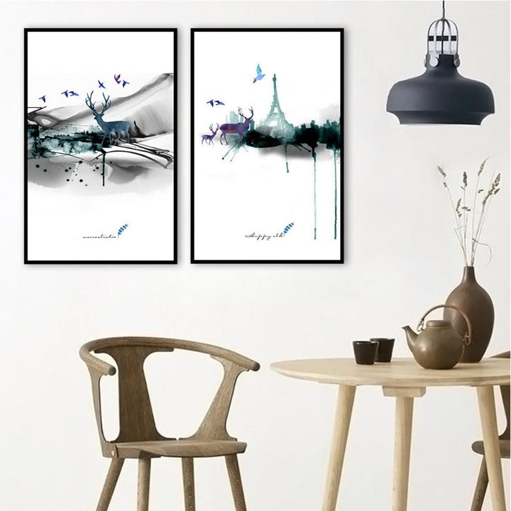 Abstract Paris Eiffel Tower Deer - Canvas Wall Art Painting | Bowlift