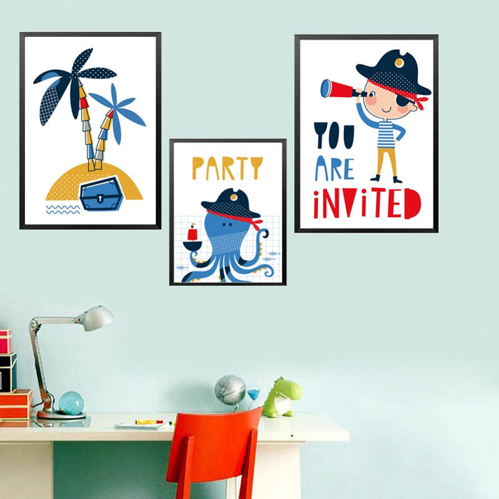 Blue Pirate Sailboat - Canvas Wall Art Painting | Bowlift