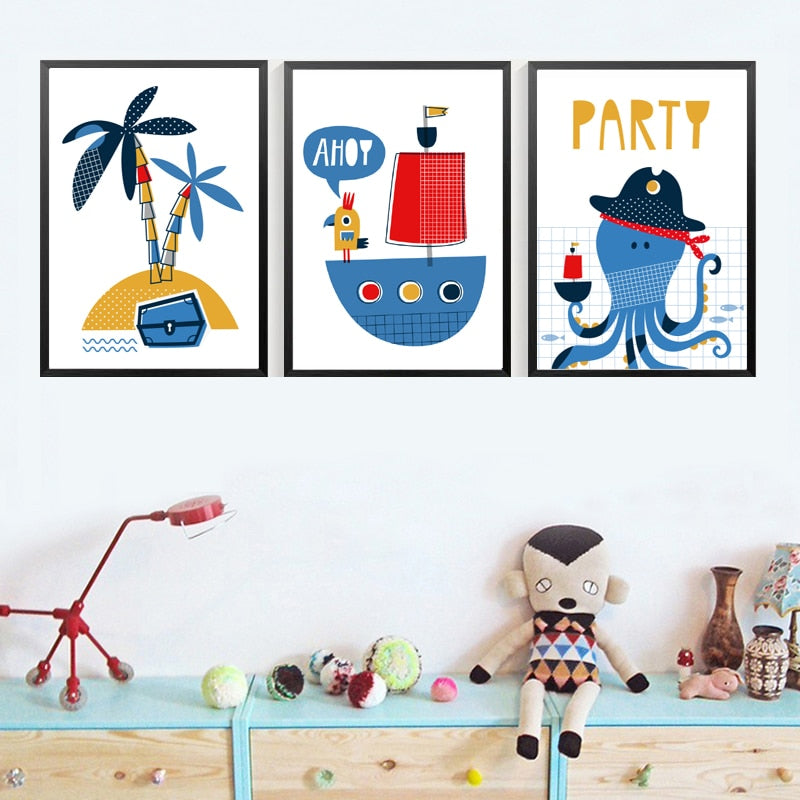 Blue Pirate Sailboat - Canvas Wall Art Painting | Bowlift