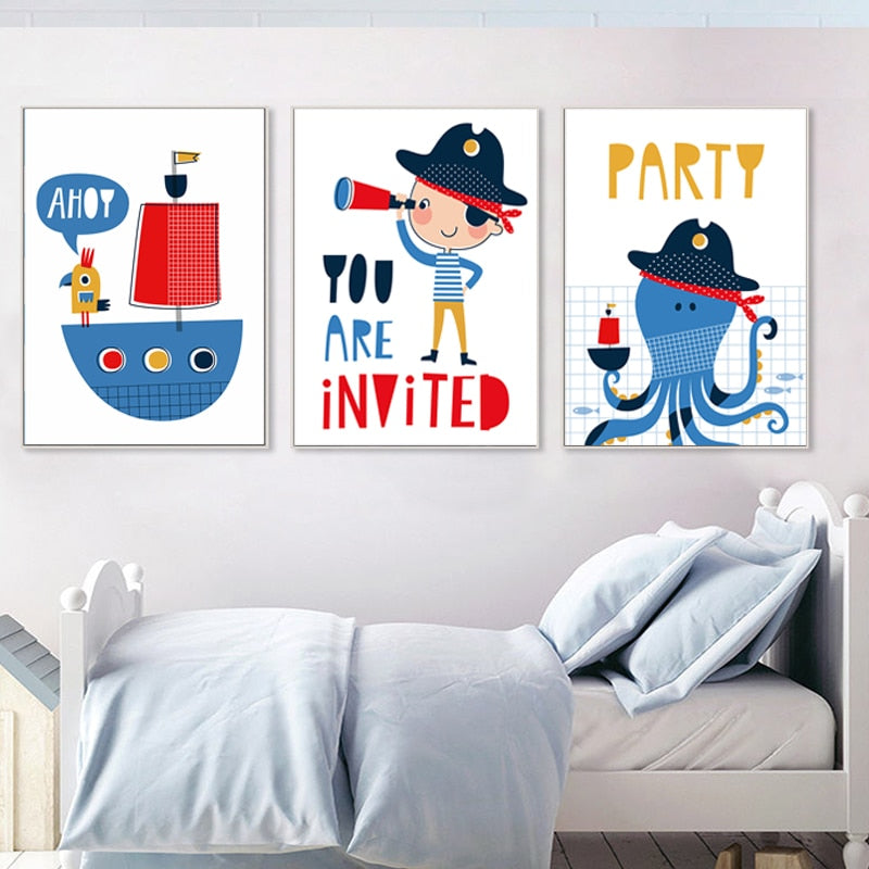 Blue Pirate Sailboat - Canvas Wall Art Painting | Bowlift