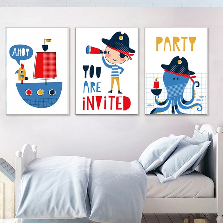 Blue Pirate Sailboat - Canvas Wall Art Painting | Bowlift