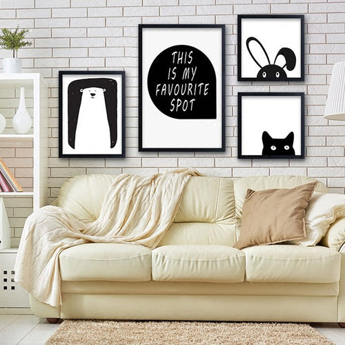 Minimalist Black And White Cartoon Bear Nursery Decor - Canvas Wall Art Painting | Bowlift