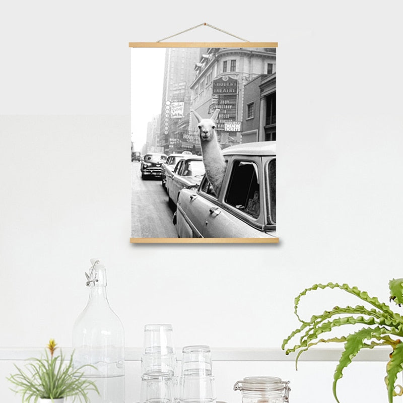 Alpaca in Taxi - Canvas Wall Art Painting | Bowlift