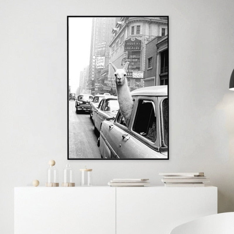 Alpaca in Taxi - Canvas Wall Art Painting | Bowlift