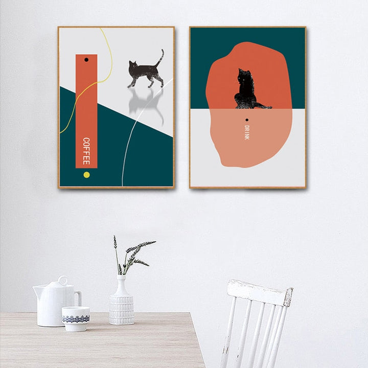 Cat Drink Coffee-Canvas Wall Art Painting | Bowlift