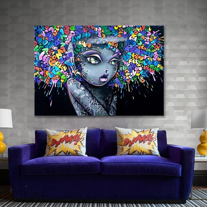 Beautiful Girl Graffiti Creative Hair - Canvas Wall Art Painting | Bowlift