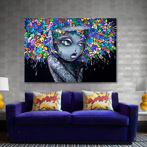 Beautiful Girl Graffiti Creative Hair - Canvas Wall Art Painting | Bowlift
