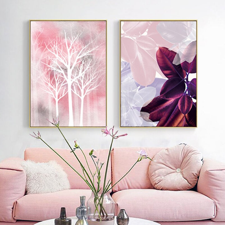 Modern Pink Leaves Woodland Watercolor - Canvas Wall Art Painting | Bowlift