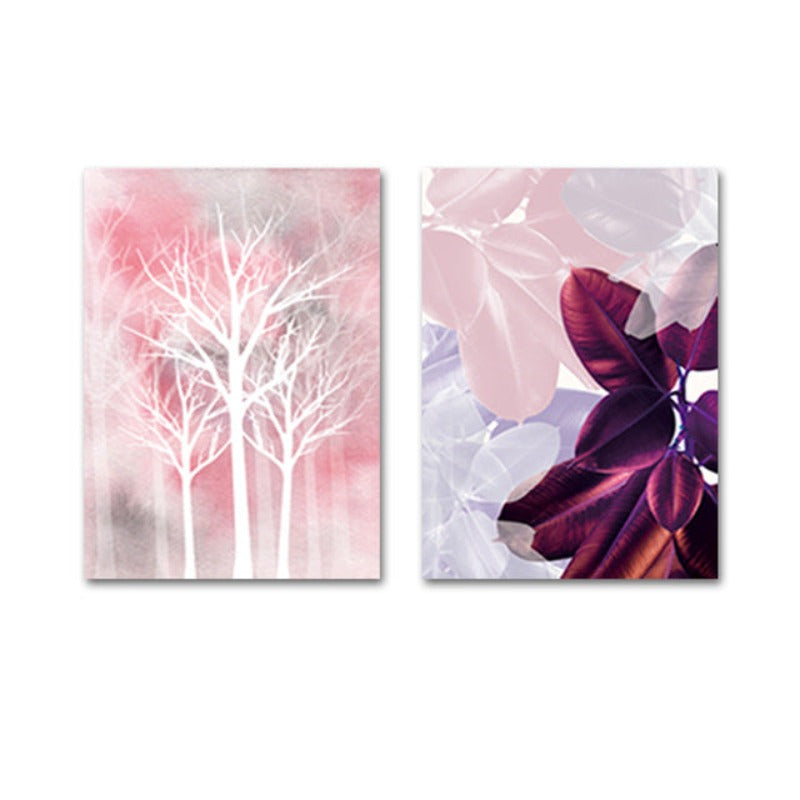 Modern Pink Leaves Woodland Watercolor - Canvas Wall Art Painting | Bowlift