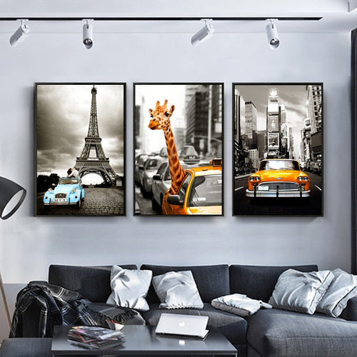 Car City Giraffe - Canvas Wall Art Painting | Bowlift