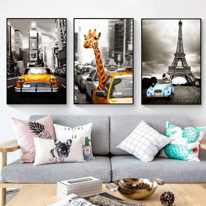 Car City Giraffe - Canvas Wall Art Painting | Bowlift