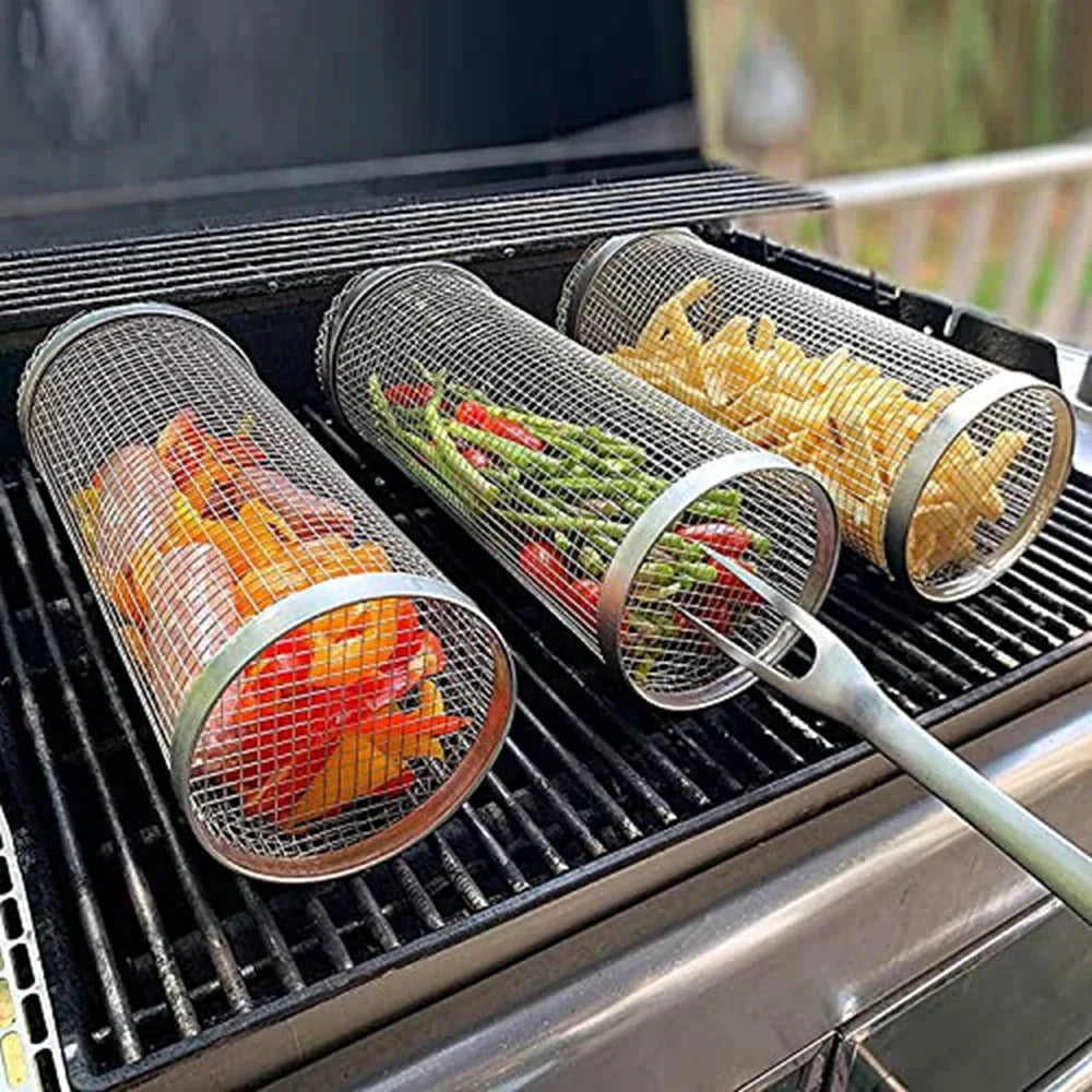 Rolling BBQ Basket Grilling Basket Ever Round Stainless Steel Grill Mesh | Bowlift
