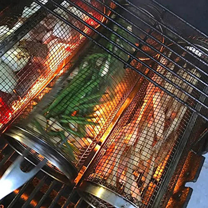Rolling BBQ Basket Grilling Basket Ever Round Stainless Steel Grill Mesh | Bowlift
