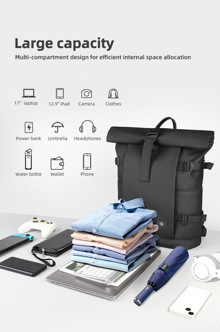 BowLift | ROLLTRAIL Rolltop Backpack – Expandable 17" Laptop Bag, Waterproof, Anti-Theft, Outdoor & Travel-Ready