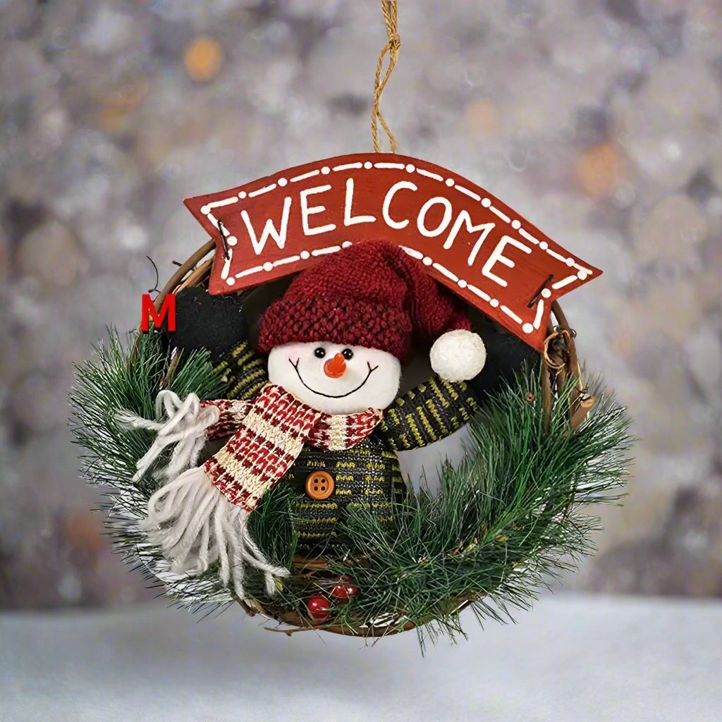 BowLift | Rustic Christmas Wooden & Rattan Wreath with Santa, Snowman, and Elk Dolls – Enchanting Holiday Charm Perfect Festive Door Ornaments
