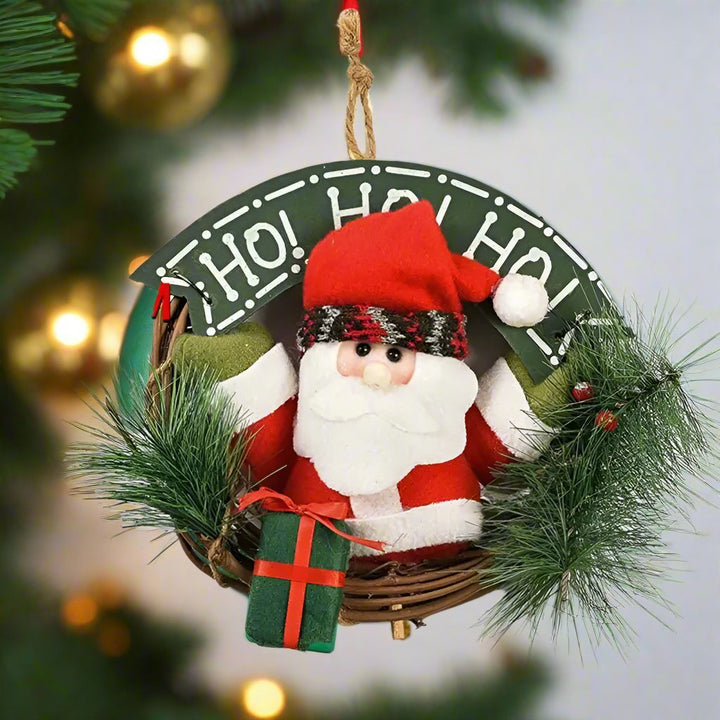 BowLift | Rustic Christmas Wooden & Rattan Wreath with Santa, Snowman, and Elk Dolls – Enchanting Holiday Charm Perfect Festive Door Ornaments