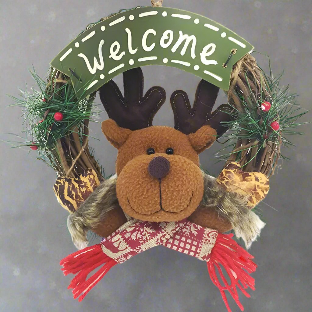 BowLift | Rustic Christmas Wooden & Rattan Wreath with Santa, Snowman, and Elk Dolls – Enchanting Holiday Charm Perfect Festive Door Ornaments