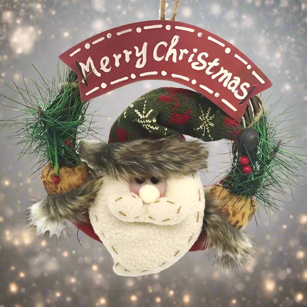 BowLift | Rustic Christmas Wooden & Rattan Wreath with Santa, Snowman, and Elk Dolls – Enchanting Holiday Charm Perfect Festive Door Ornaments