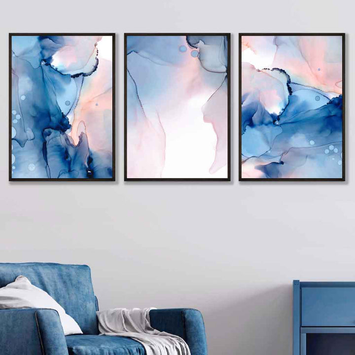 Blue and Blush Pink Abstract Wall Art Set of 3 Posters | Bowlift