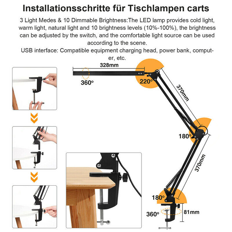 LED Desk Lamp Clamp Light Dimmable 10W | Bowlift