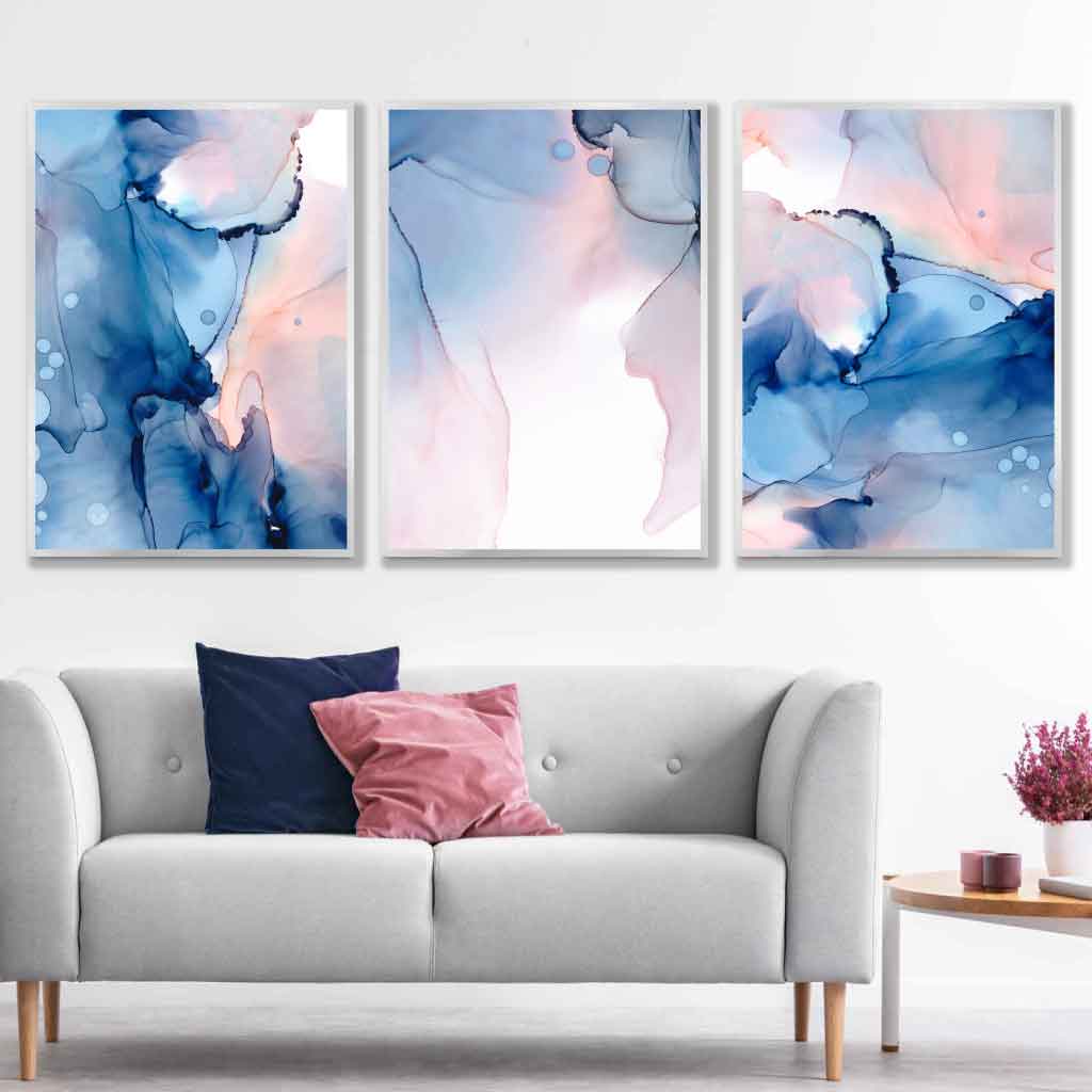 Blue and Blush Pink Abstract Wall Art Set of 3 Posters | Bowlift