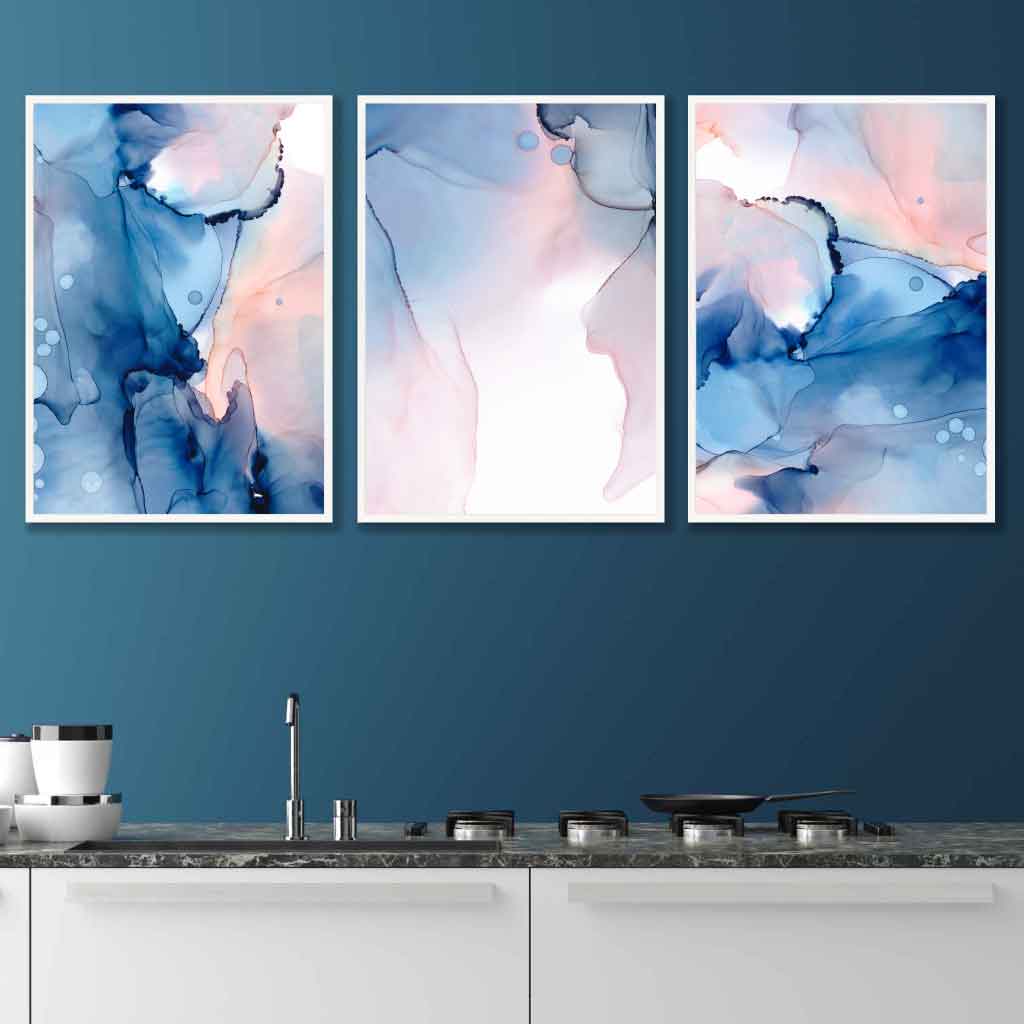 Blue and Blush Pink Abstract Wall Art Set of 3 Posters | Bowlift