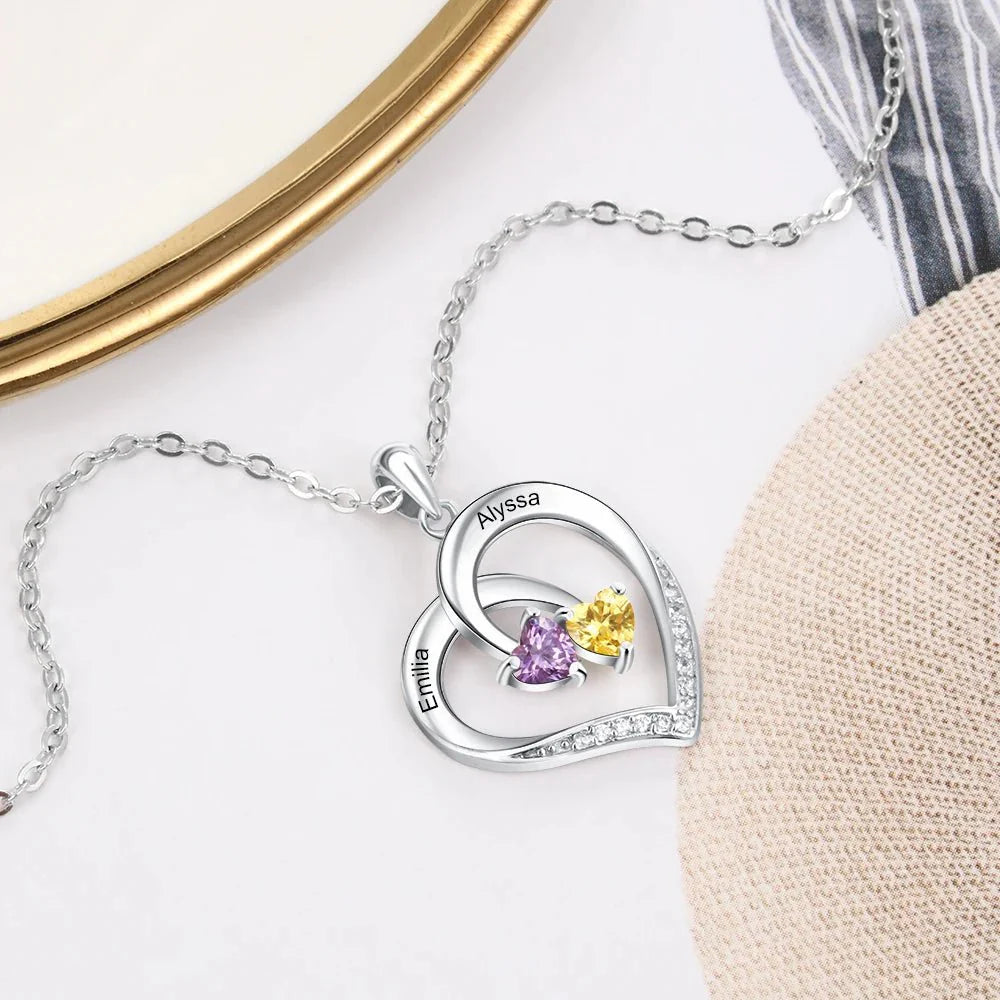 BowLift | S925 Personalized Two Name & Birthstone Heart Pendant Necklace