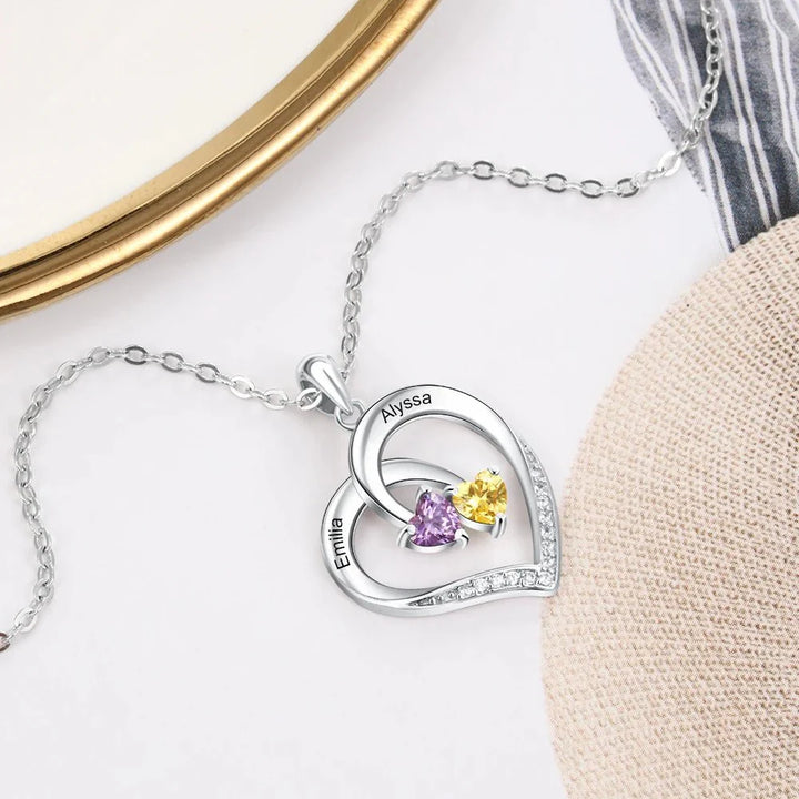 BowLift | S925 Personalized Two Name & Birthstone Heart Pendant Necklace