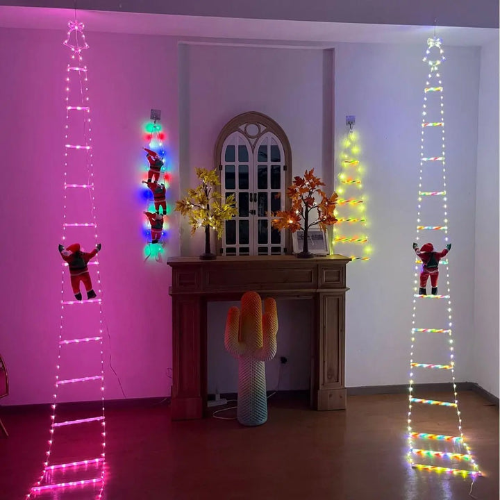BowLift | Santa Claus Climbing Ladder with LED String Lights – Festive Christmas Decor for Home, Window & Tree