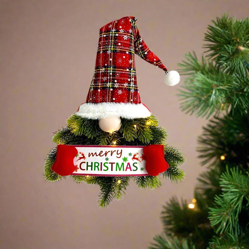 BowLift | Santa Gnome with Christmas Wreath and Sparkling LED Lights – Perfect for Front Door, Wall, or Window Festive Magic