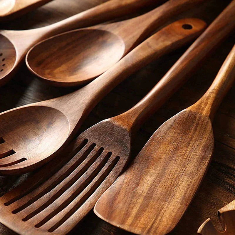Sustainable Teak Wood Kitchen Utensils Set - Eco-Friendly Cooking Accessories | Bowlift