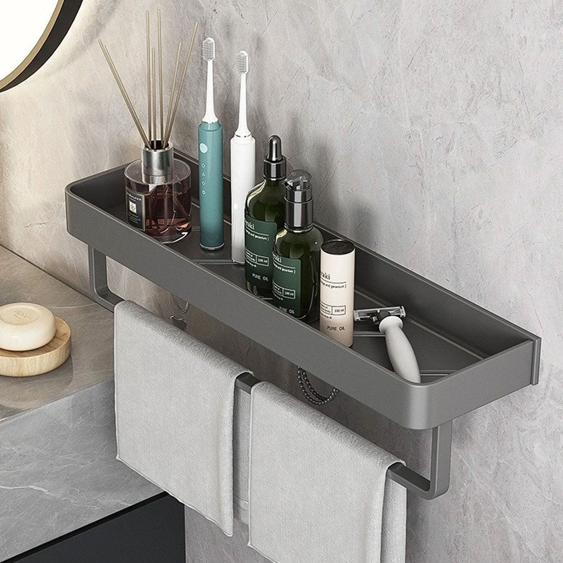 BowLift | Contemporary, elegant bathroom shelves in gray