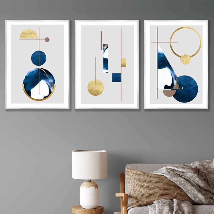 Abstract set of 3 textured geometric art wall art prints in navy blue and gold | Bowlift