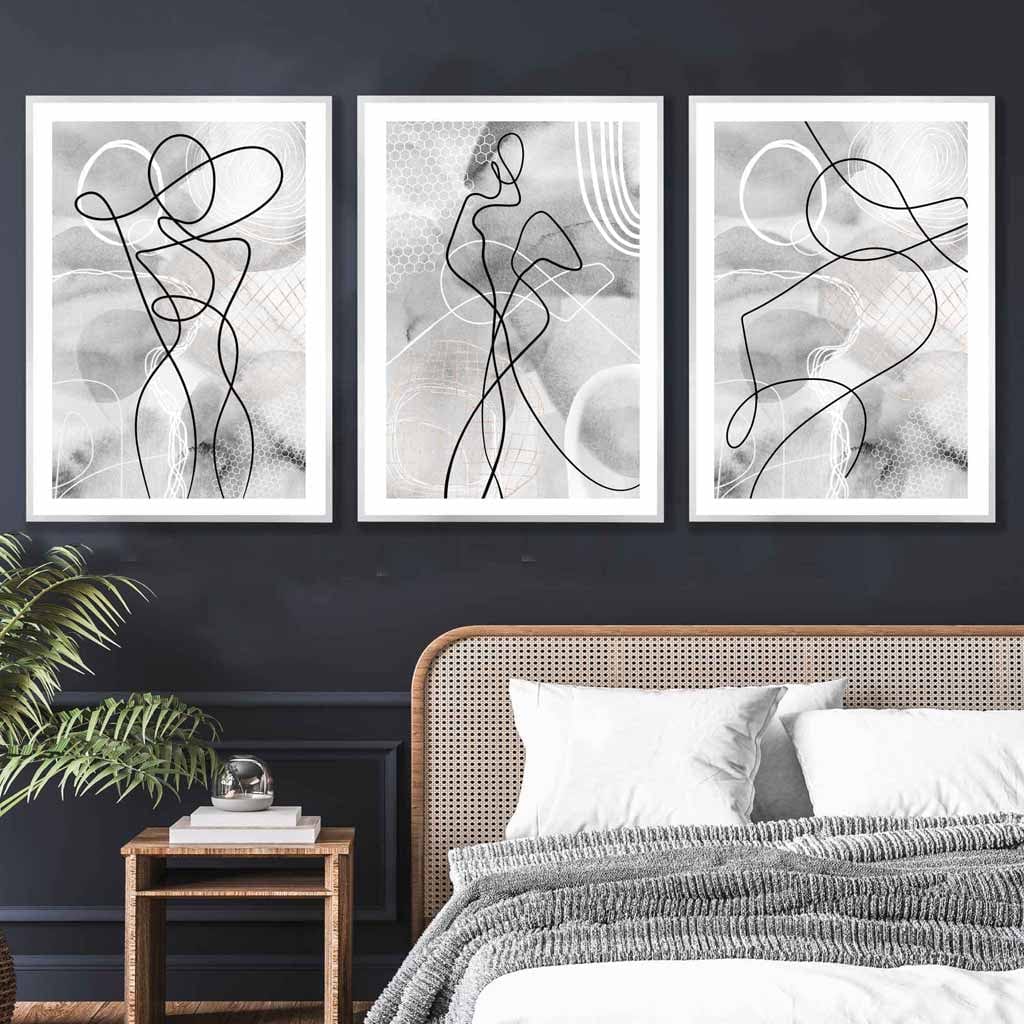 Abstract Set of 3 Fashion Line Art Wall Prints in Black & Gray | Bowlift