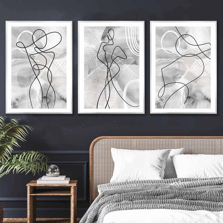 Abstract Set of 3 Fashion Line Art Wall Prints in Black & Gray | Bowlift