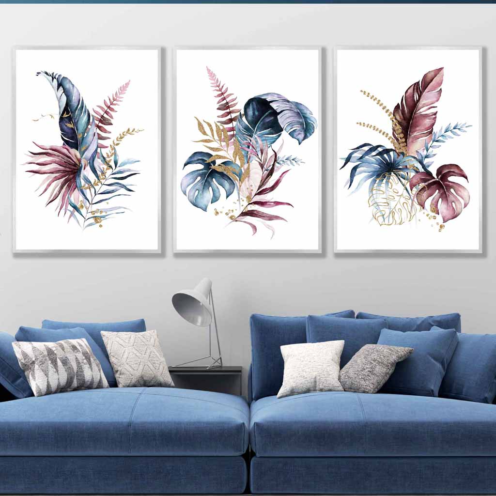 Botanical set of 3 pink and blue floral wall art prints | Bowlift