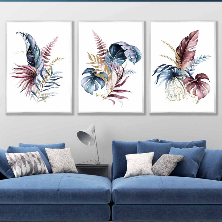 Botanical set of 3 pink and blue floral wall art prints | Bowlift