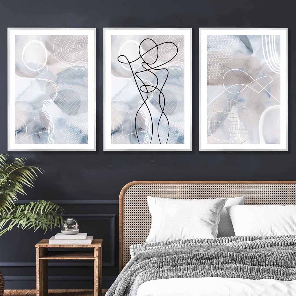 Abstract set of 3 fashion lines art wall art prints in blue & beige | Bowlift