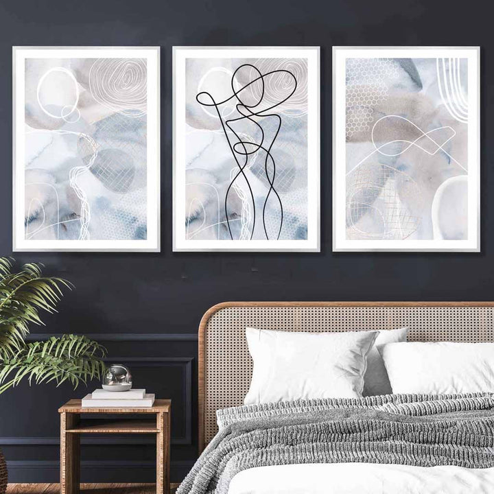 Abstract set of 3 fashion lines art wall art prints in blue & beige | Bowlift
