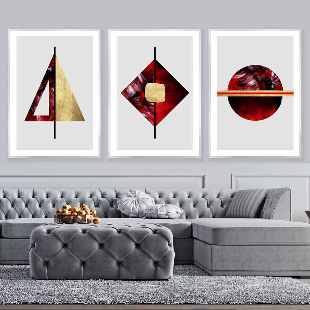 Art Deco Set of 3 Red, Black and Gold Wall Art Prints | Bowlift