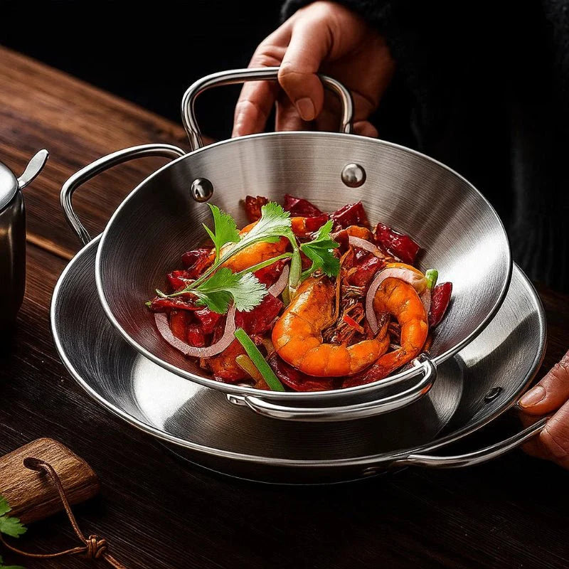 BowLift | SizzleServe – Flat Stainless Steel Pan with Dual Fry Trays