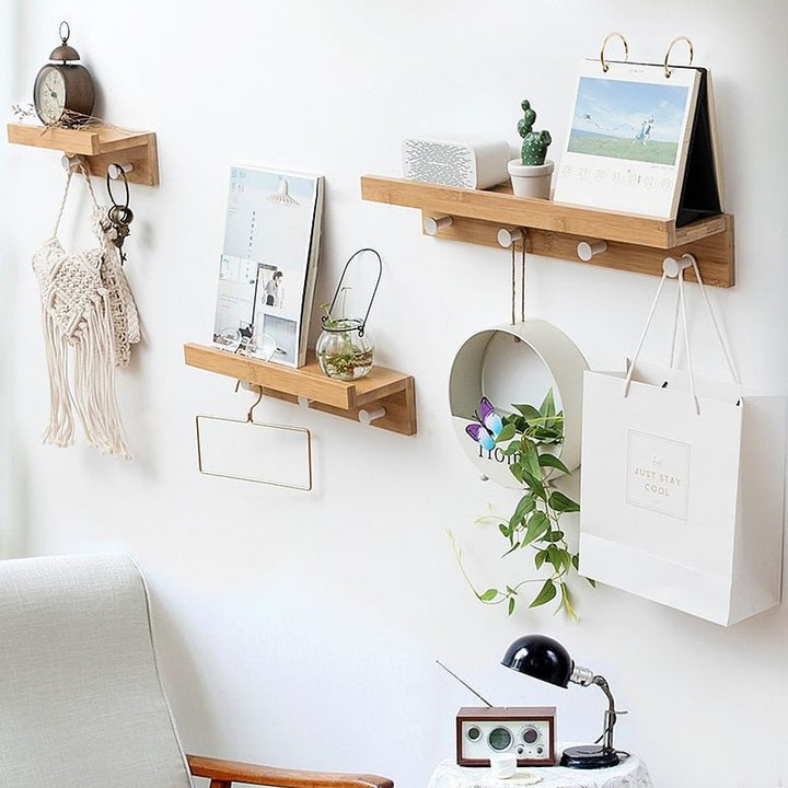 BowLift | Smash Wall Shelf with Hooks – Multifunctional Wooden Storage Rack for Any Room