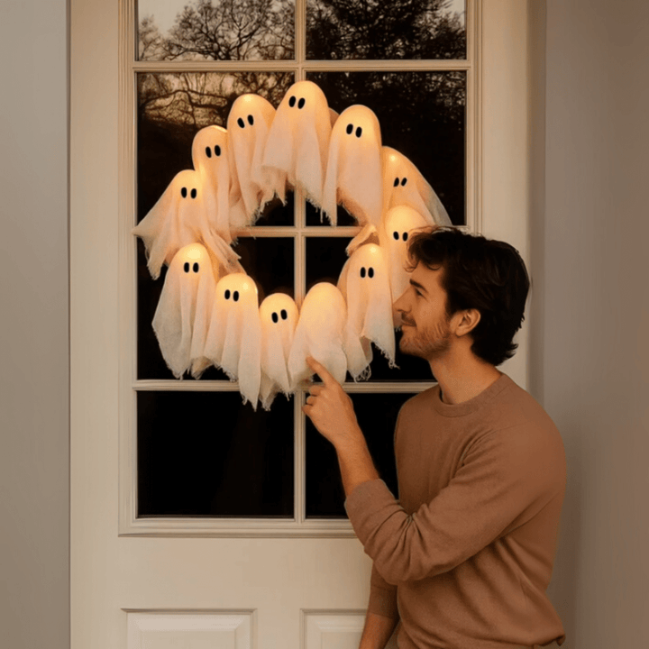 BowLift | SPOOKGLOW – LED Ghost Wreath with 12 Illuminated Spirits