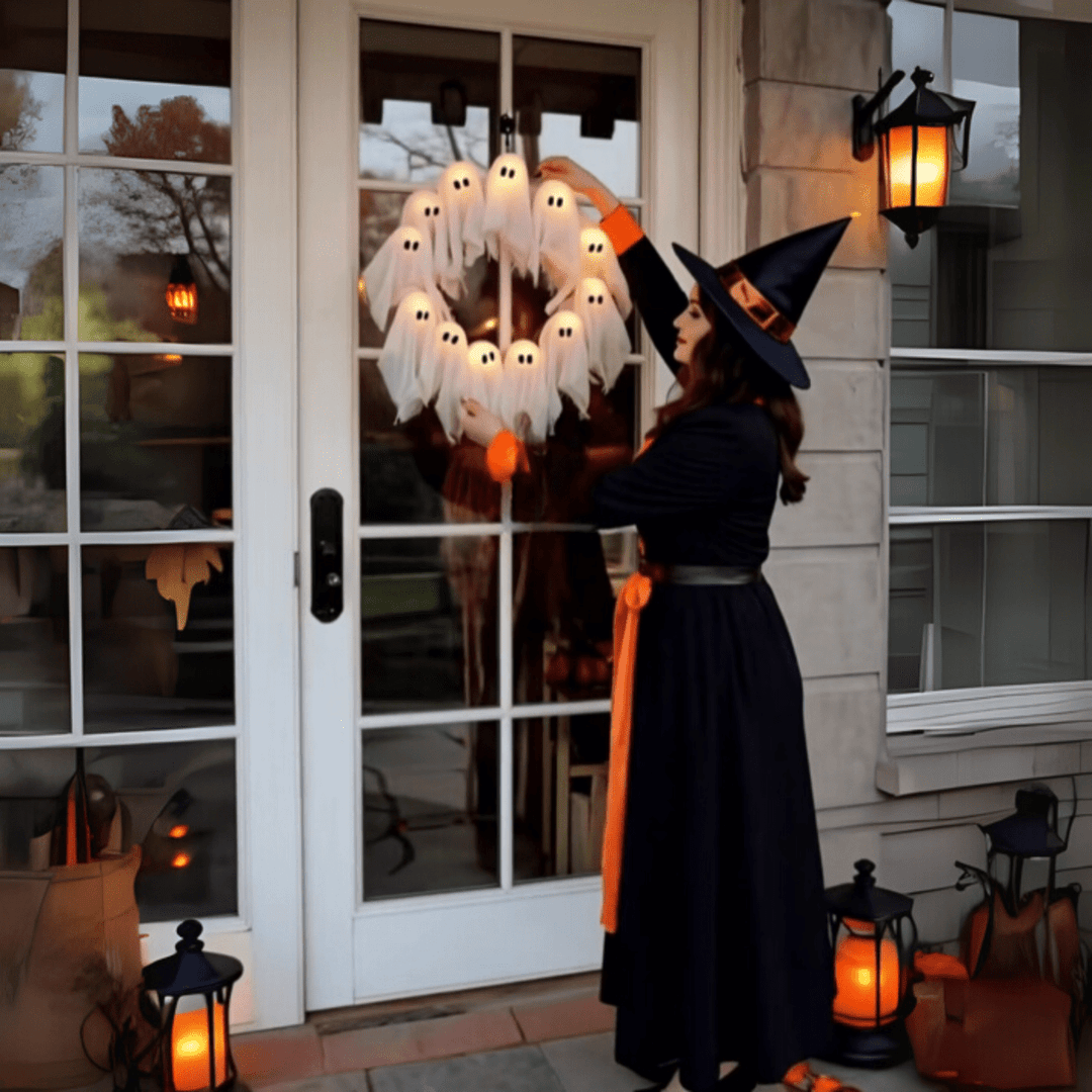 BowLift | SPOOKGLOW – LED Ghost Wreath with 12 Illuminated Spirits