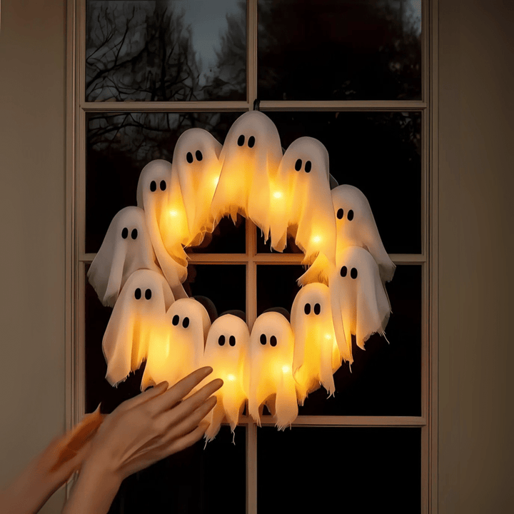 BowLift | SPOOKGLOW – LED Ghost Wreath with 12 Illuminated Spirits